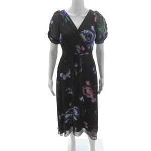 DKNY Womens Wrap Dress Black Floral Full Length Short Sleeve Size 2